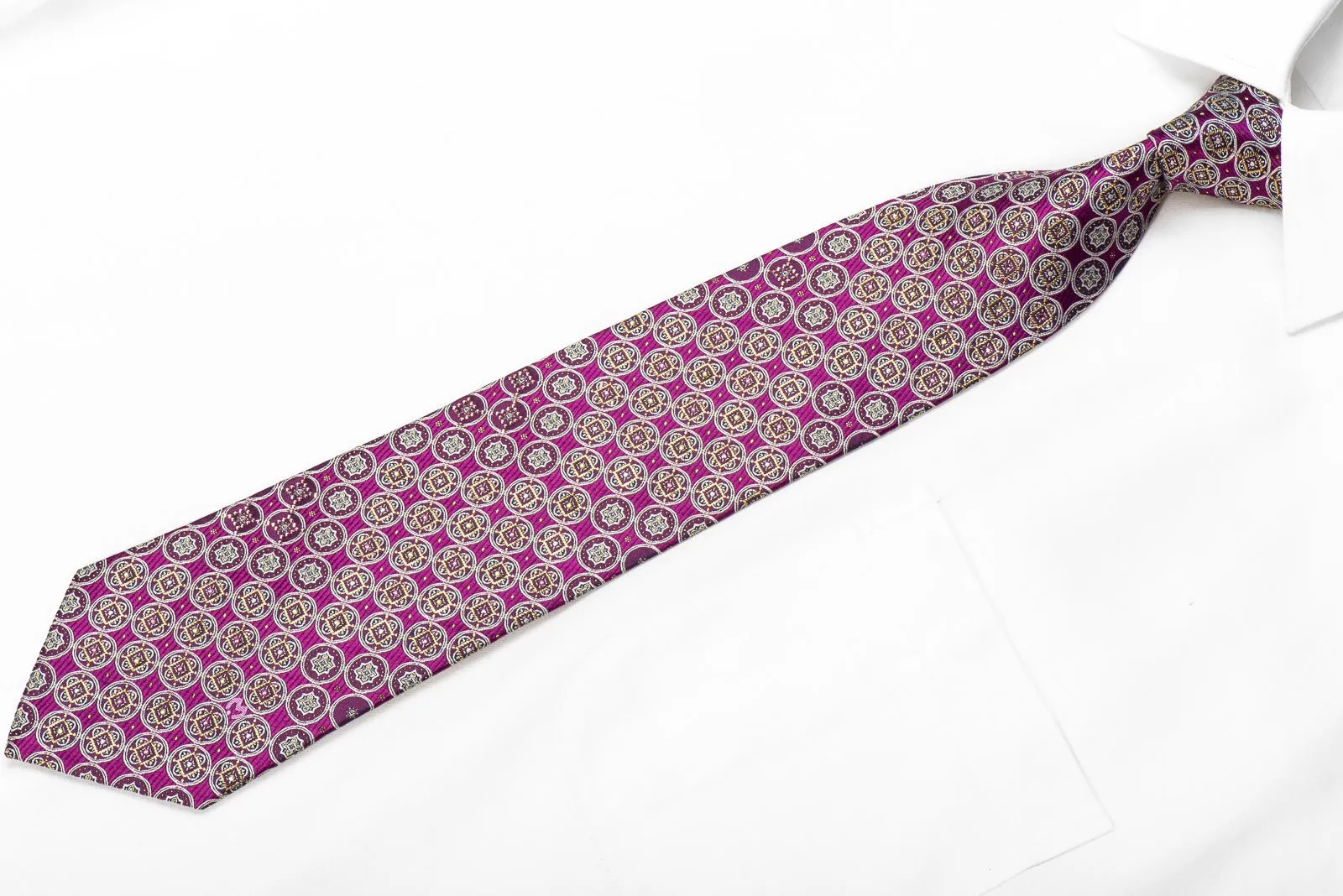 Mila Schon Men's Crystal Silk Necktie Silver Gold Medallions On Purple With Sparkles