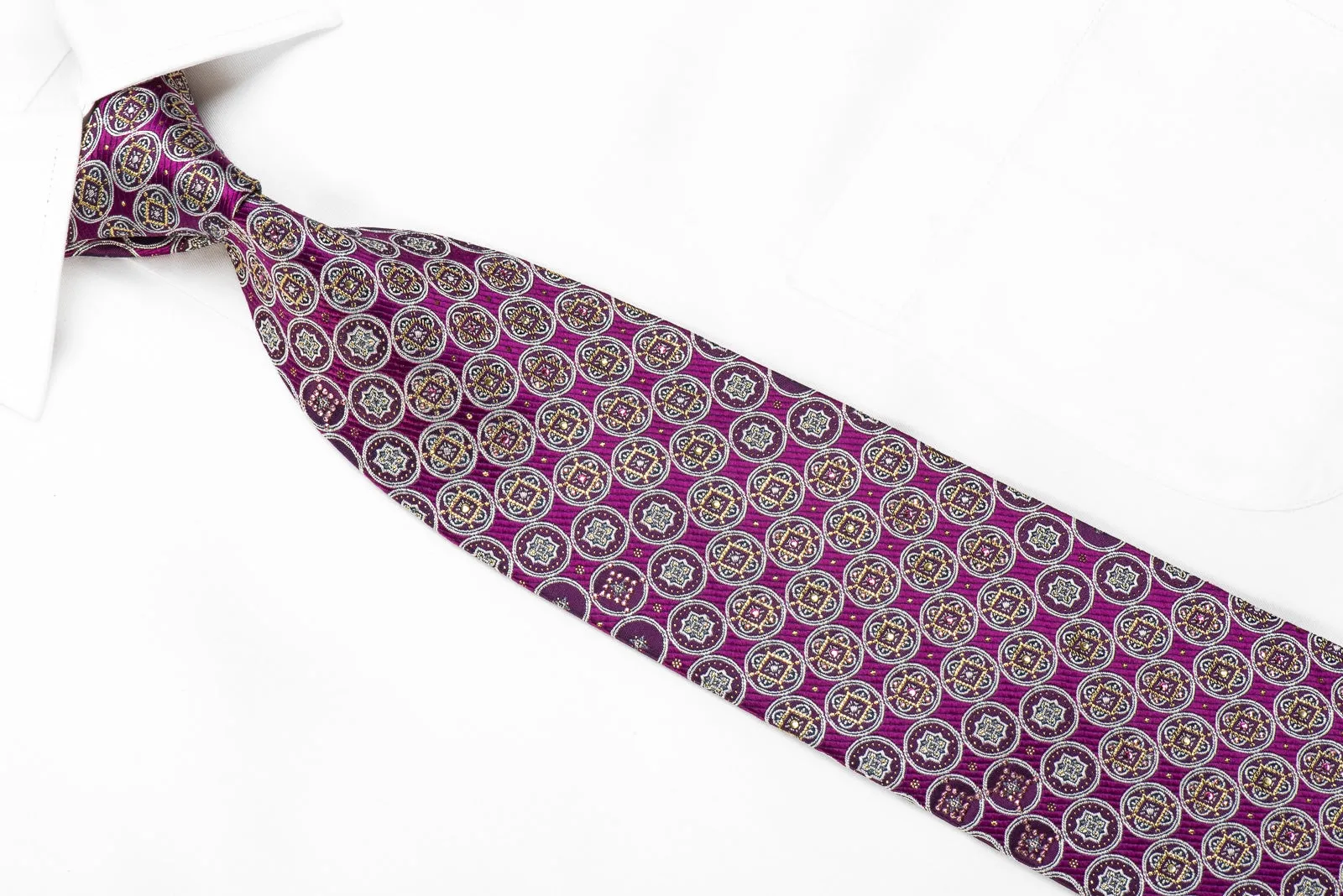 Mila Schon Men's Crystal Silk Necktie Silver Gold Medallions On Purple With Sparkles