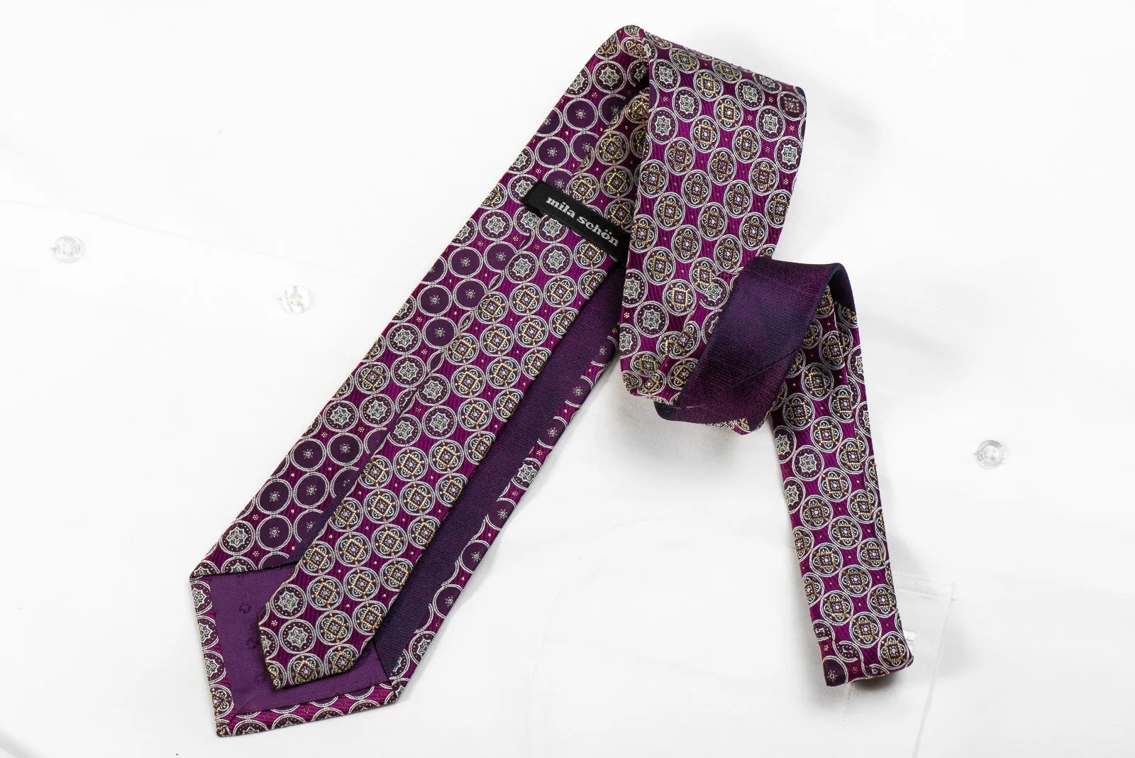 Mila Schon Men's Crystal Silk Necktie Silver Gold Medallions On Purple With Sparkles