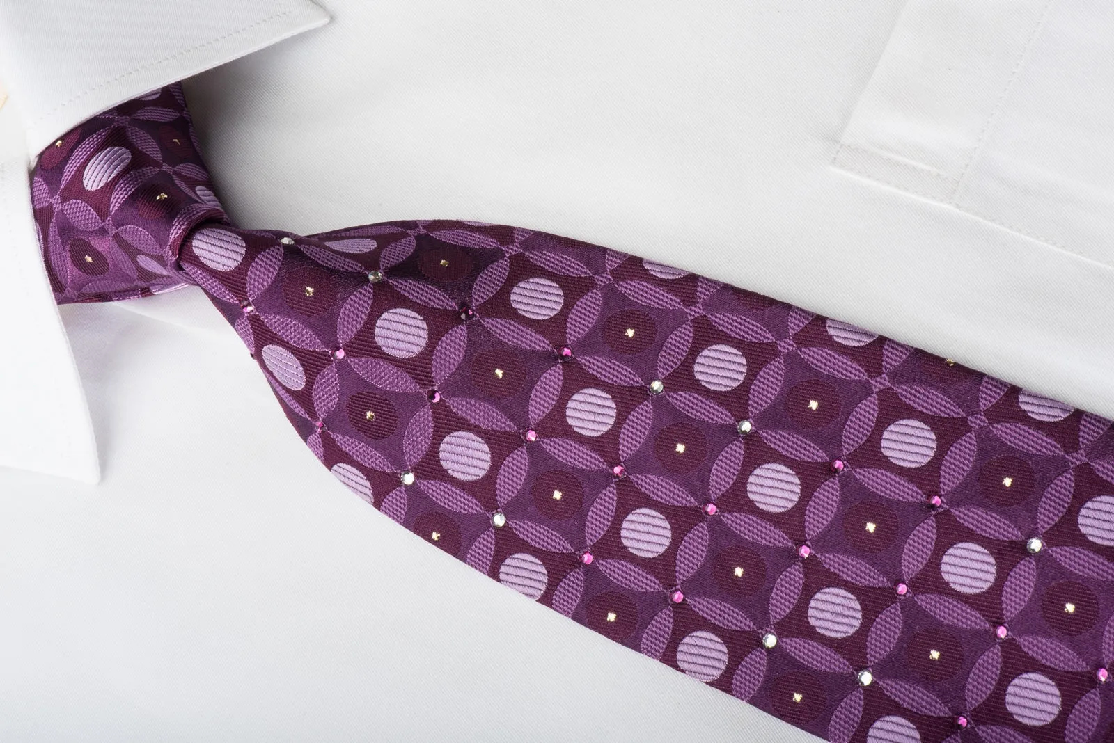 Nina Ricci Rhinestone Silk Necktie Geometric Retro On Purple With Silver Sparkles