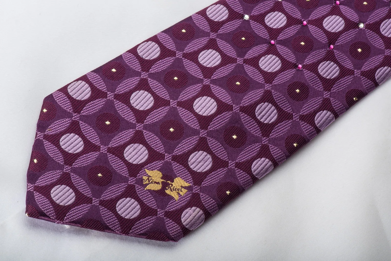 Nina Ricci Rhinestone Silk Necktie Geometric Retro On Purple With Silver Sparkles