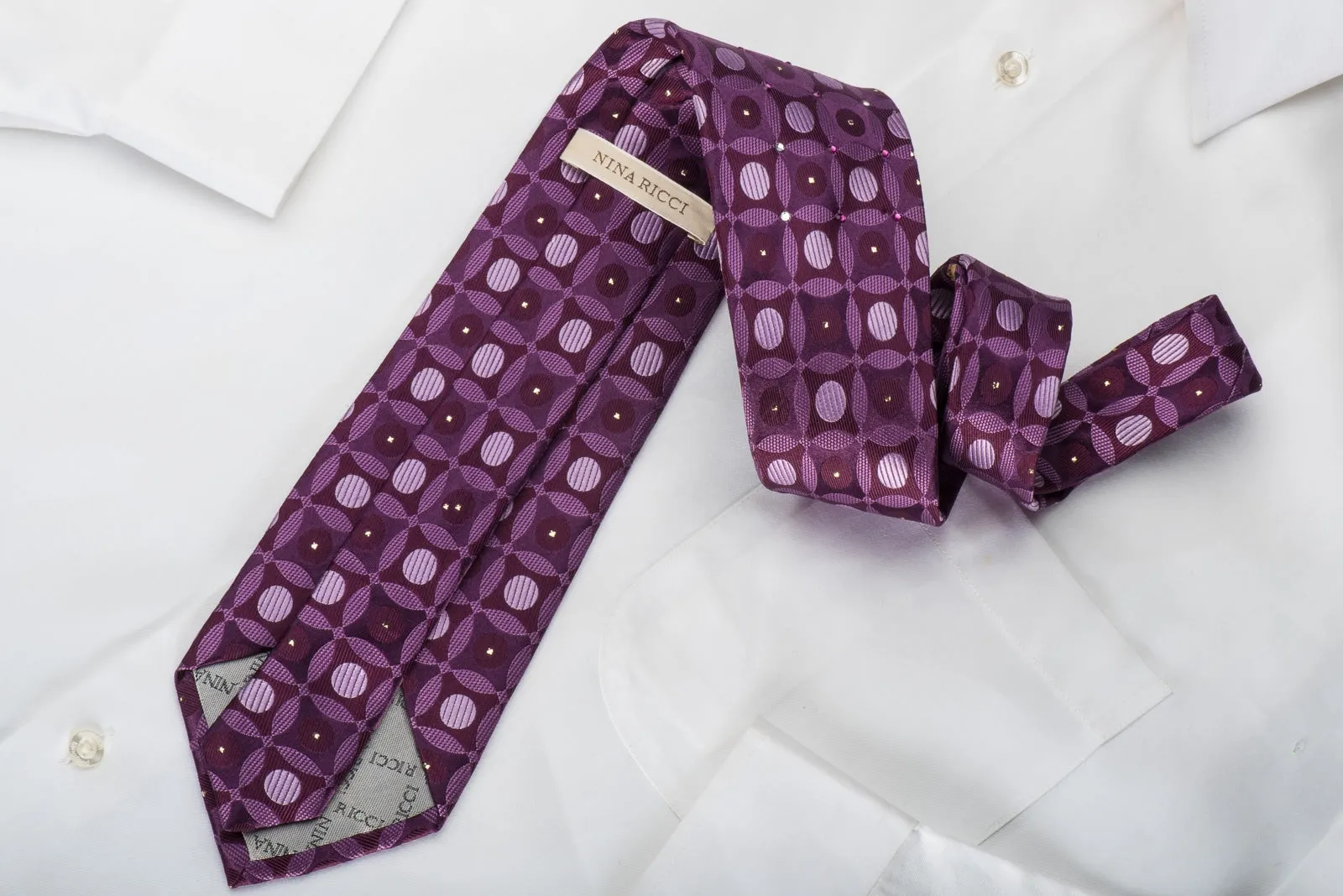 Nina Ricci Rhinestone Silk Necktie Geometric Retro On Purple With Silver Sparkles