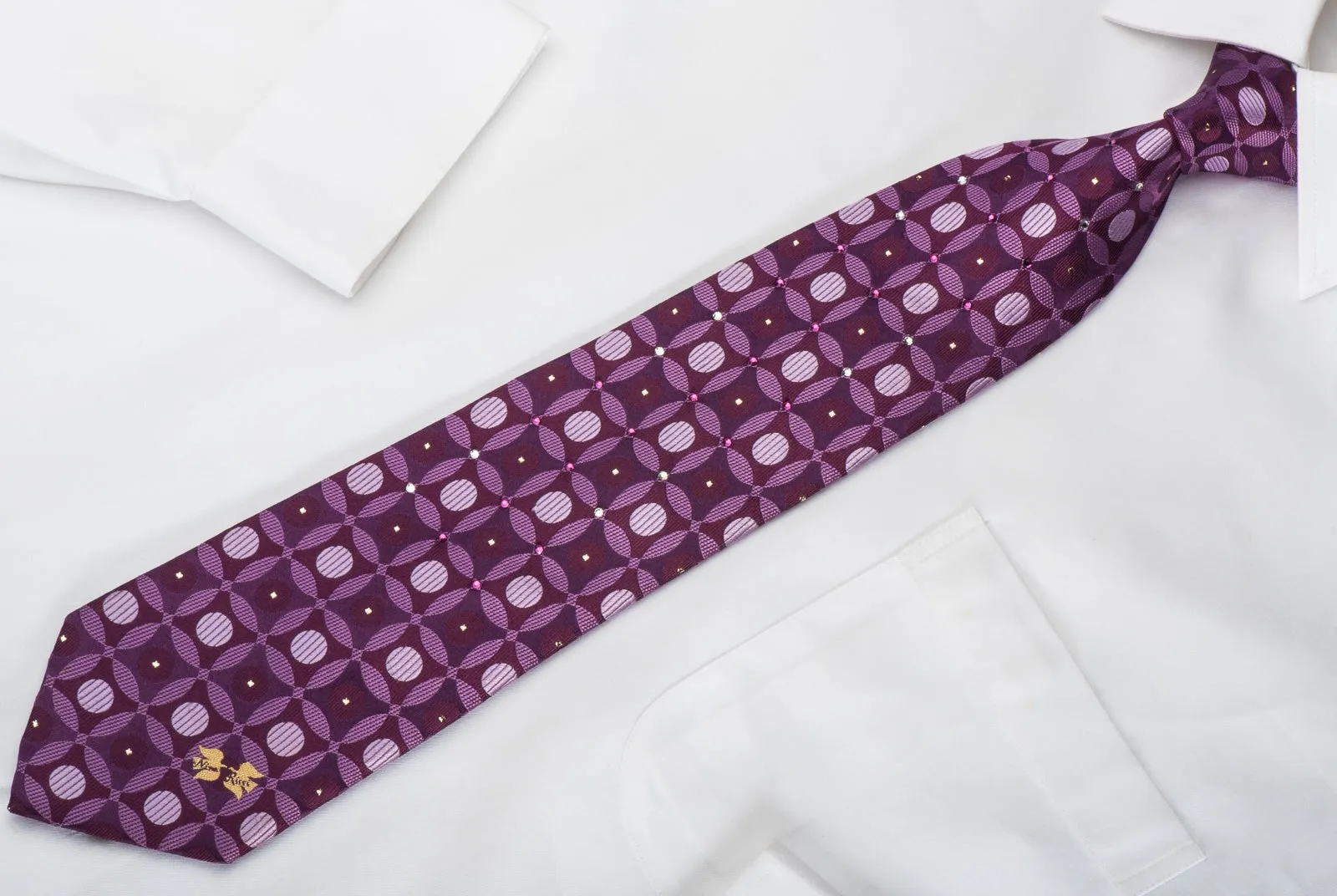 Nina Ricci Rhinestone Silk Necktie Geometric Retro On Purple With Silver Sparkles