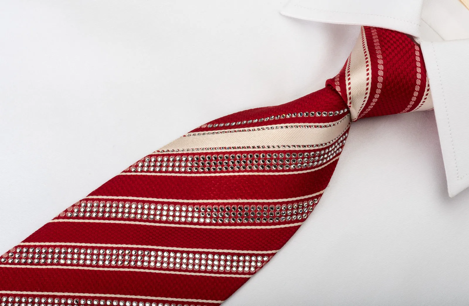 Nina Ricci Rhinestone Silk Tie Red Cream White Striped With Striped Crystals