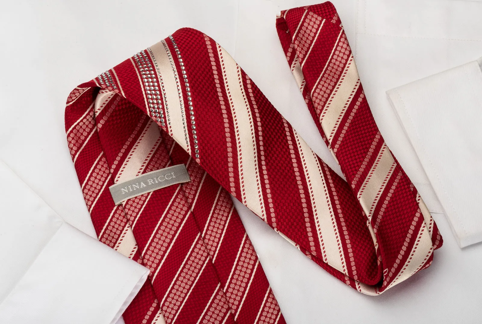 Nina Ricci Rhinestone Silk Tie Red Cream White Striped With Striped Crystals