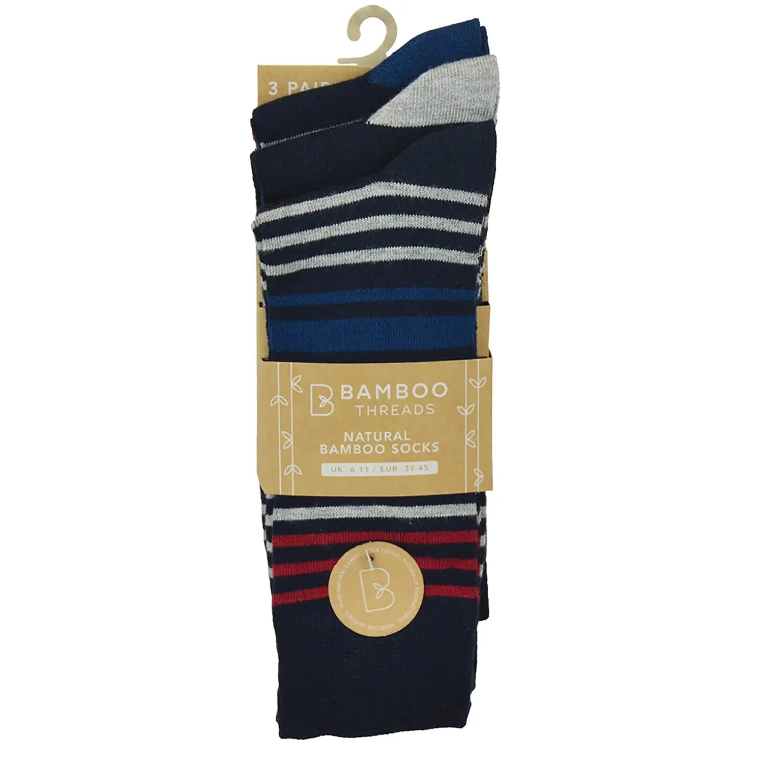 Pack Of 3 Mens Natural Bamboo Socks Black Navy Stripes UK 6-11