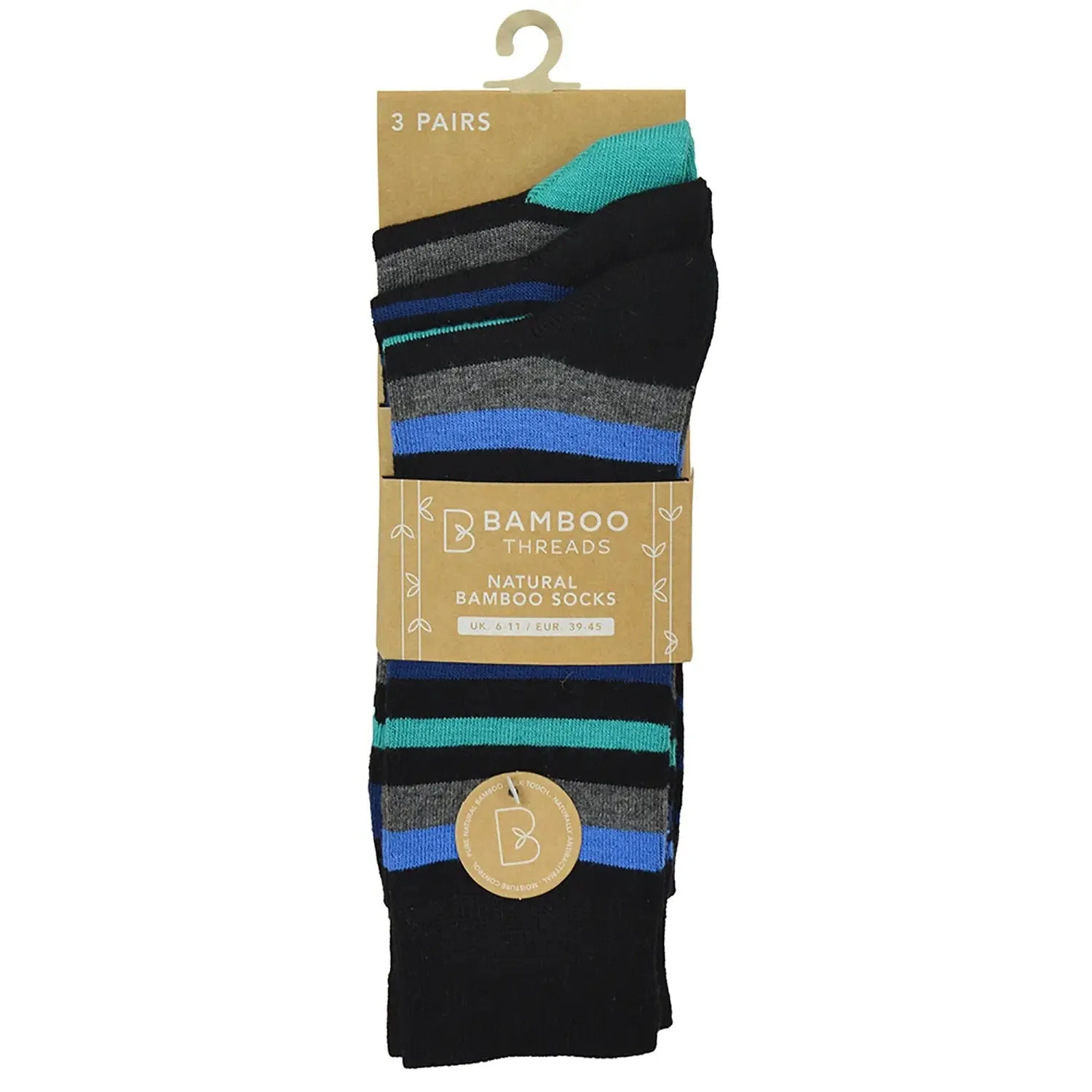 Pack Of 3 Mens Natural Bamboo Socks Black Navy Stripes UK 6-11