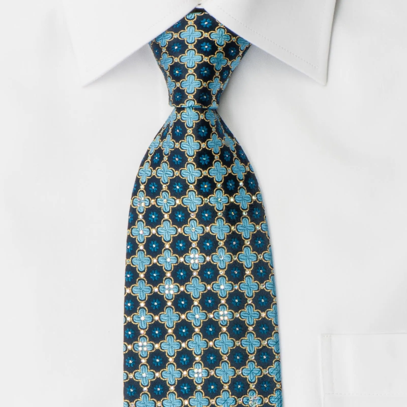 Park Land Silk Rhinestone Necktie Quatrefoil On Blue With Golden Sparkles