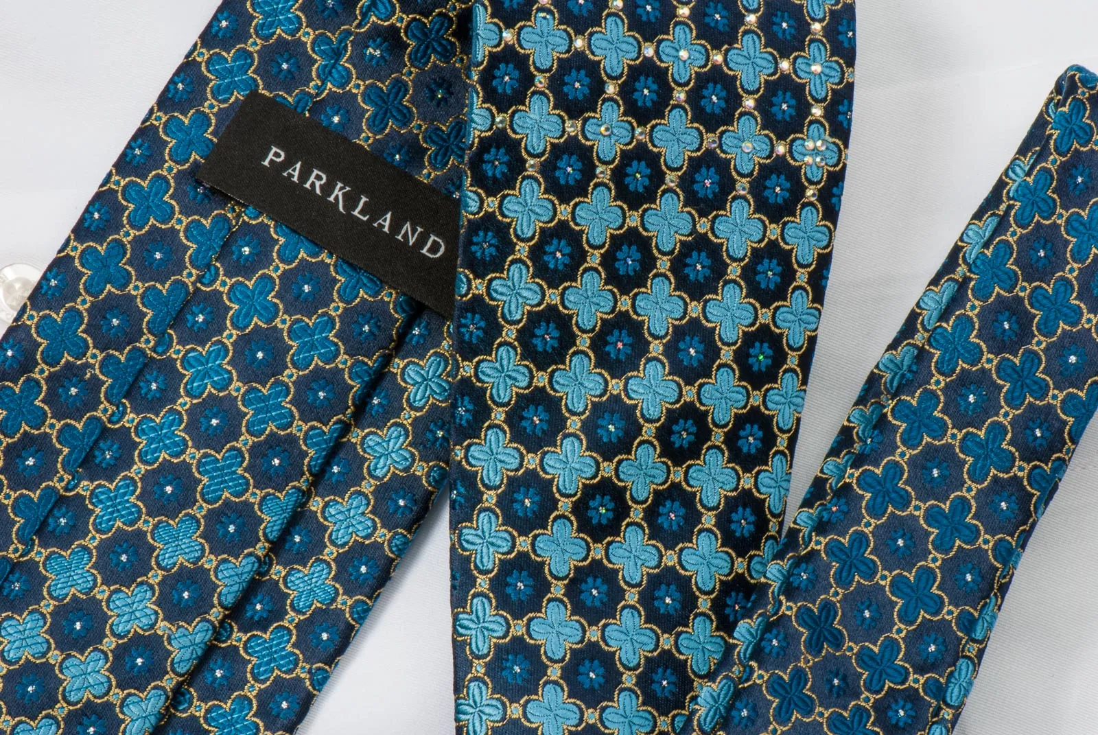 Park Land Silk Rhinestone Necktie Quatrefoil On Blue With Golden Sparkles