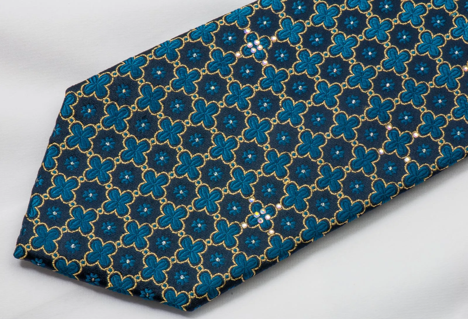 Park Land Silk Rhinestone Necktie Quatrefoil On Blue With Golden Sparkles