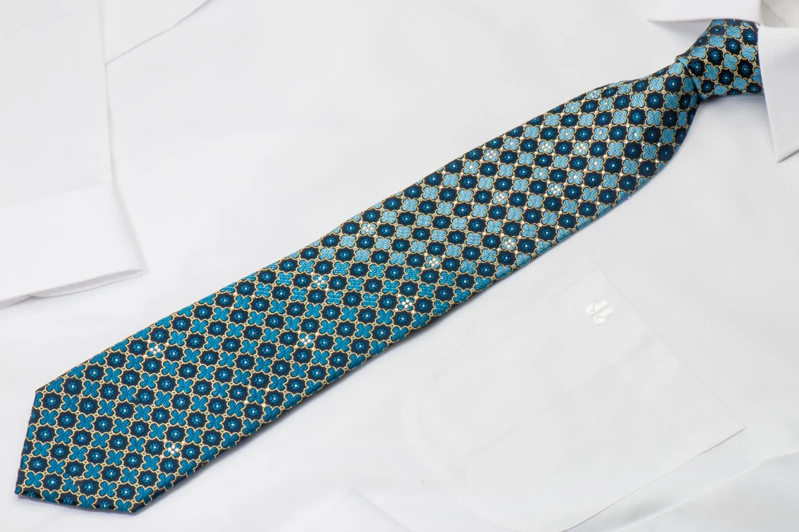 Park Land Silk Rhinestone Necktie Quatrefoil On Blue With Golden Sparkles