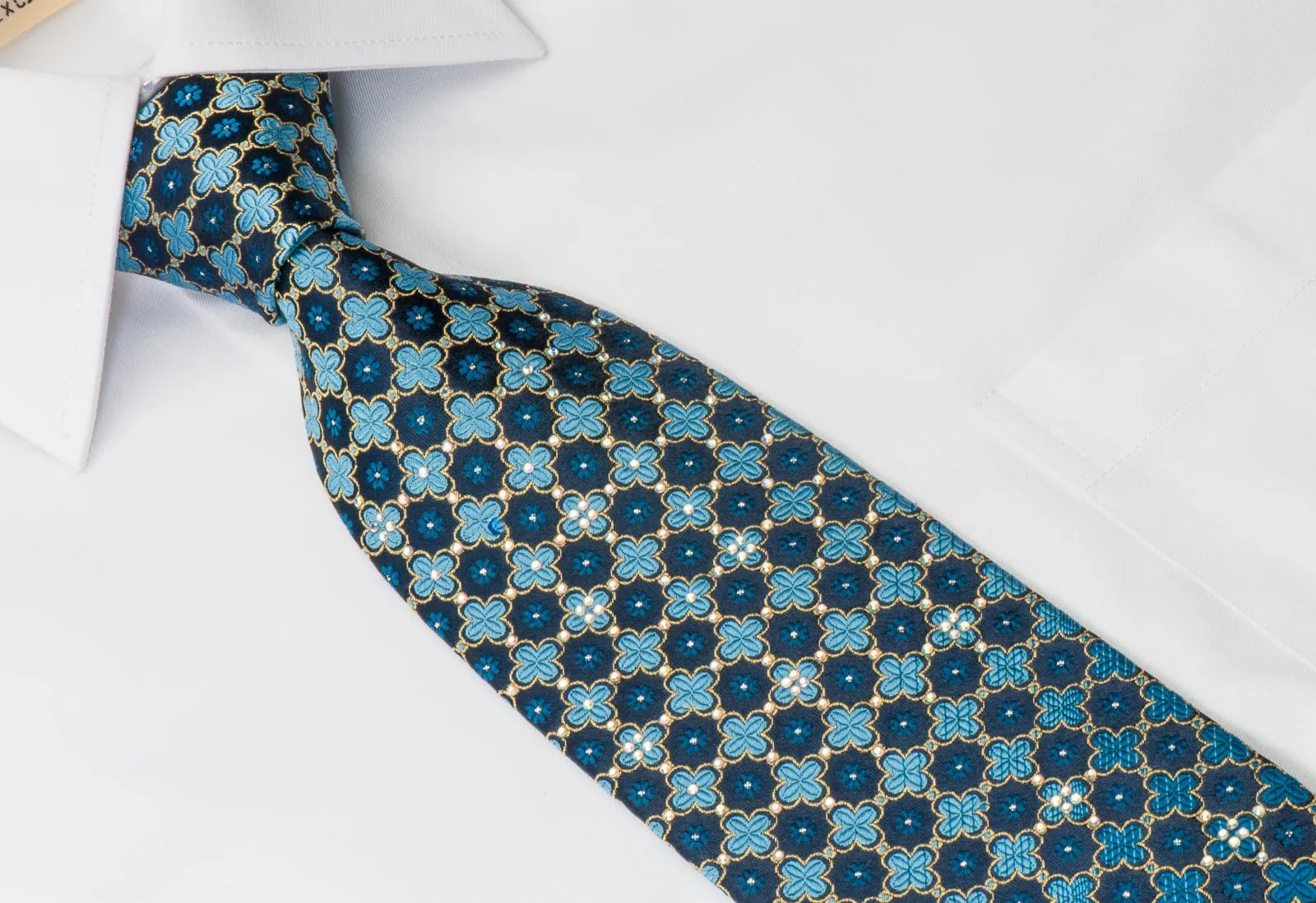 Park Land Silk Rhinestone Necktie Quatrefoil On Blue With Golden Sparkles