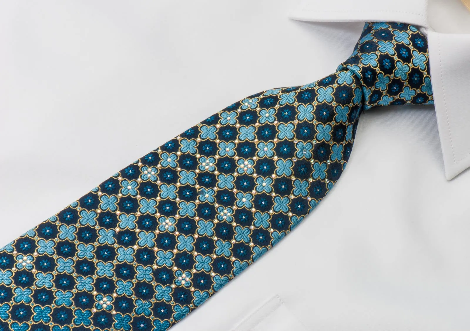 Park Land Silk Rhinestone Necktie Quatrefoil On Blue With Golden Sparkles