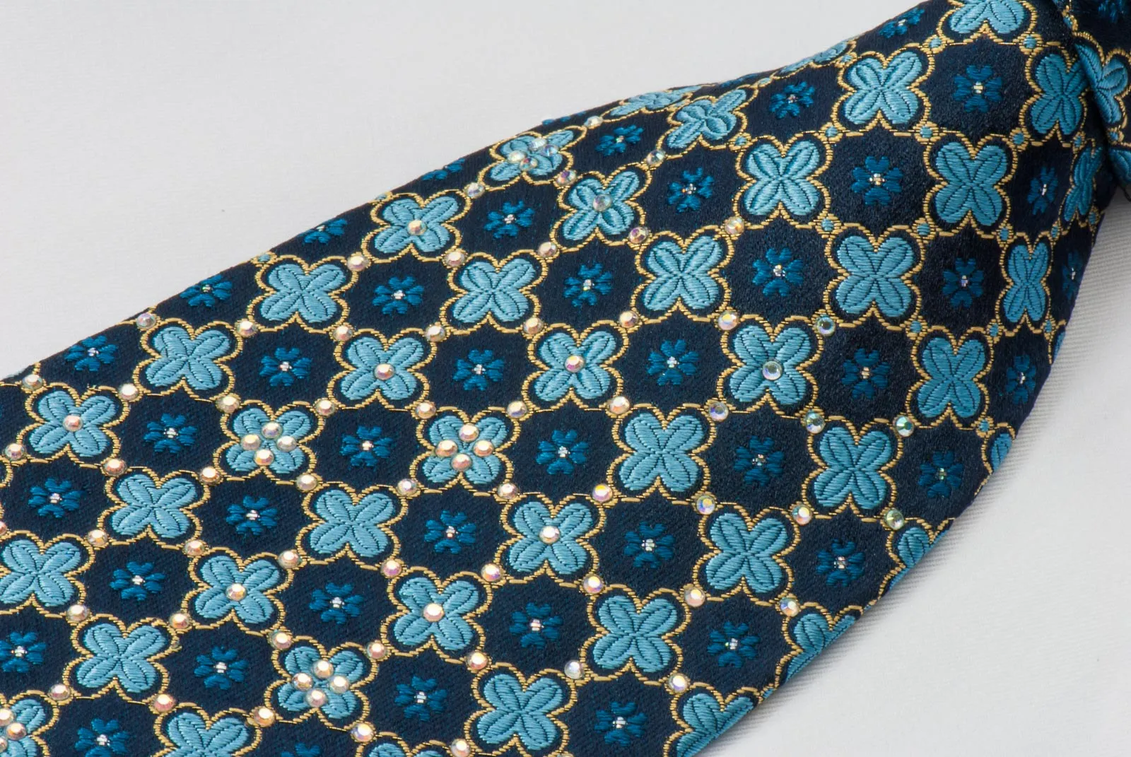 Park Land Silk Rhinestone Necktie Quatrefoil On Blue With Golden Sparkles