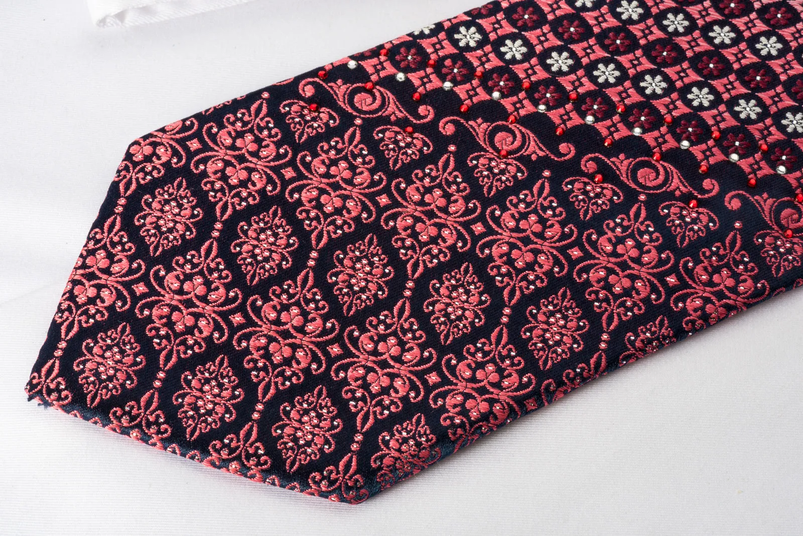 Parkland Mens Rhinestone Silk Necktie Burgundy Cartouche Foulard On Black With Silver Sparkles