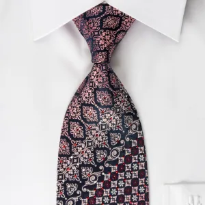 Parkland Mens Rhinestone Silk Necktie Burgundy Cartouche Foulard On Black With Silver Sparkles