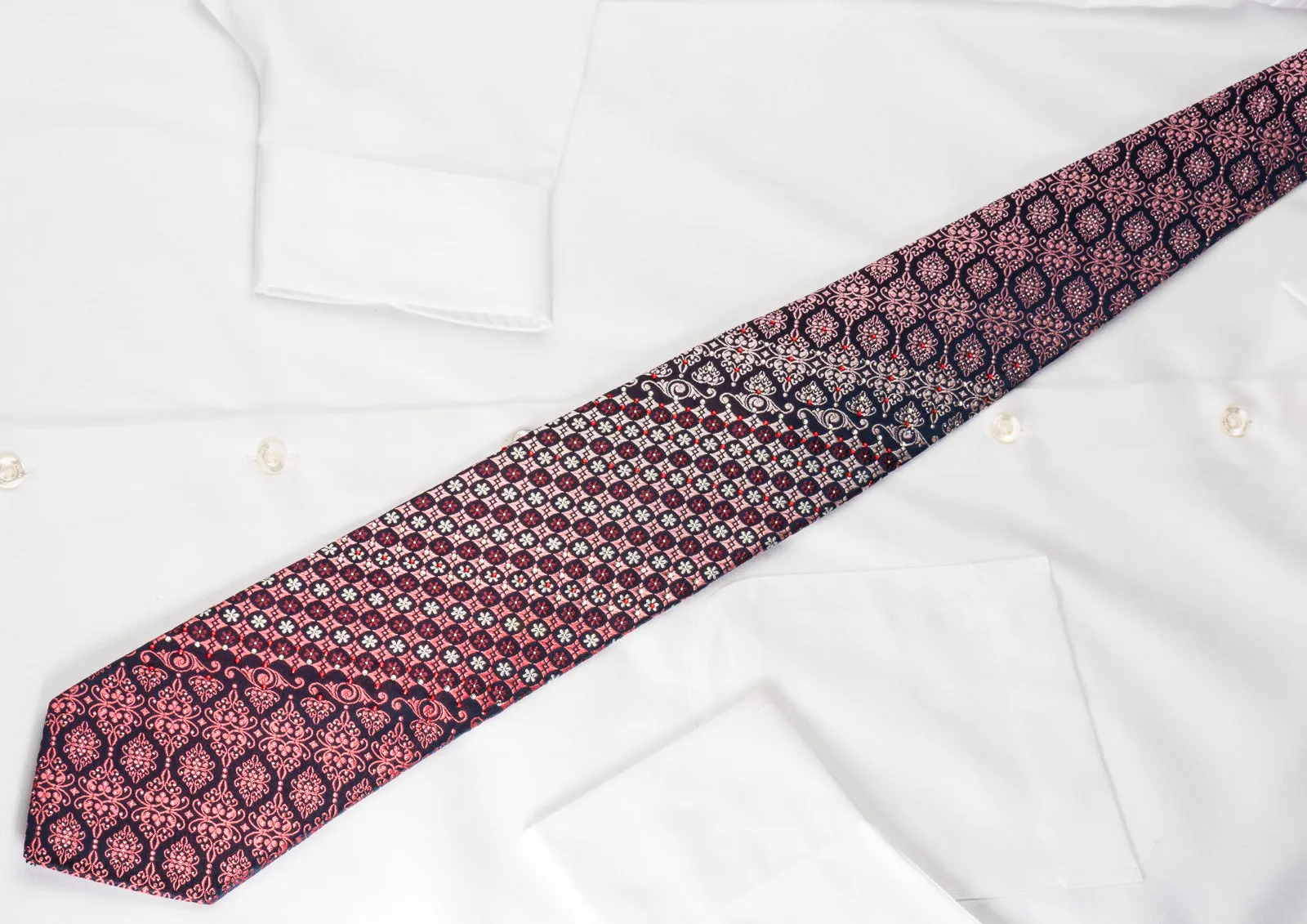 Parkland Mens Rhinestone Silk Necktie Burgundy Cartouche Foulard On Black With Silver Sparkles