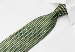 Pierre Cardin Rhinestone Silk Necktie Green Brown Vertical Stripes With Silver Sparkles