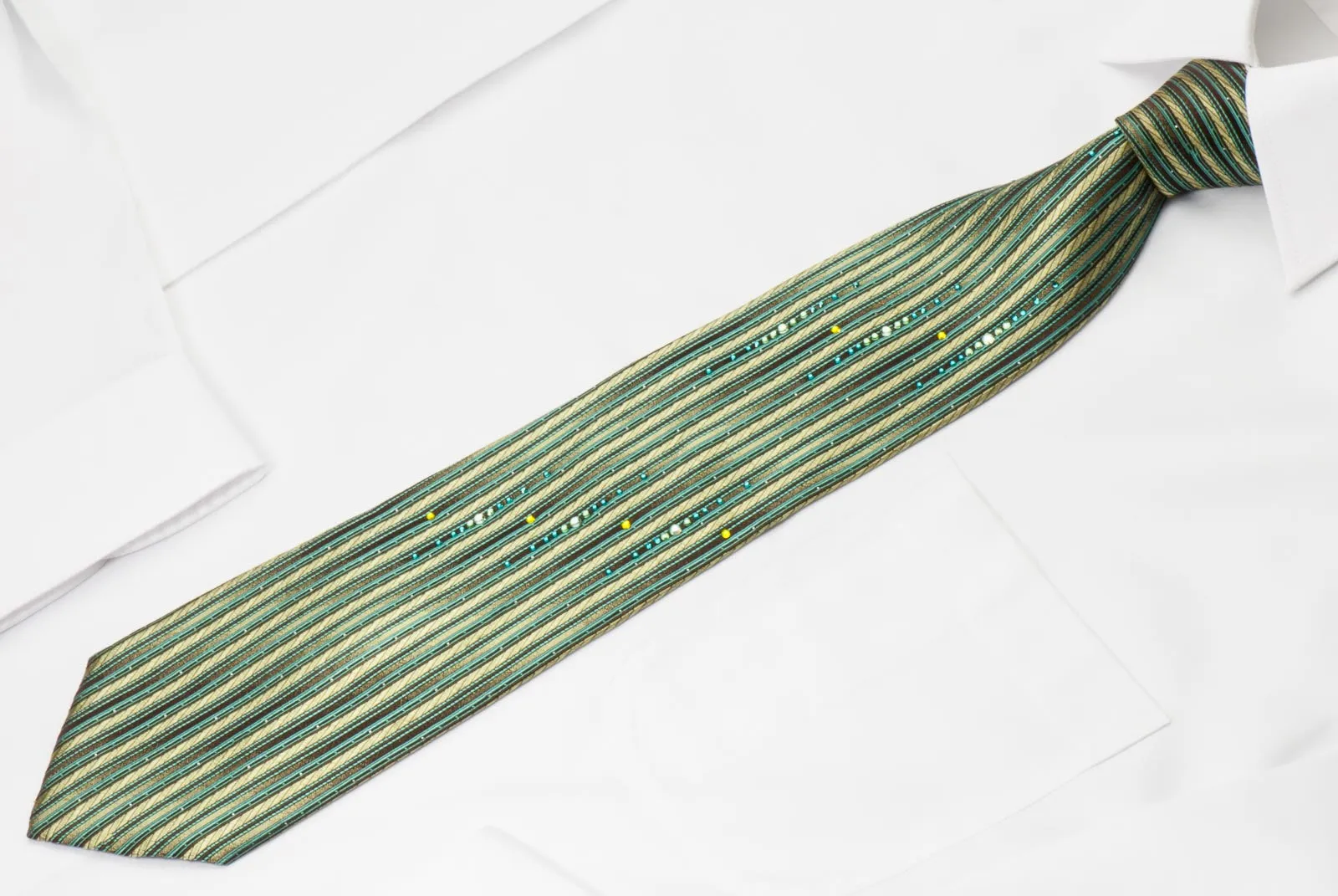 Pierre Cardin Rhinestone Silk Necktie Green Brown Vertical Stripes With Silver Sparkles