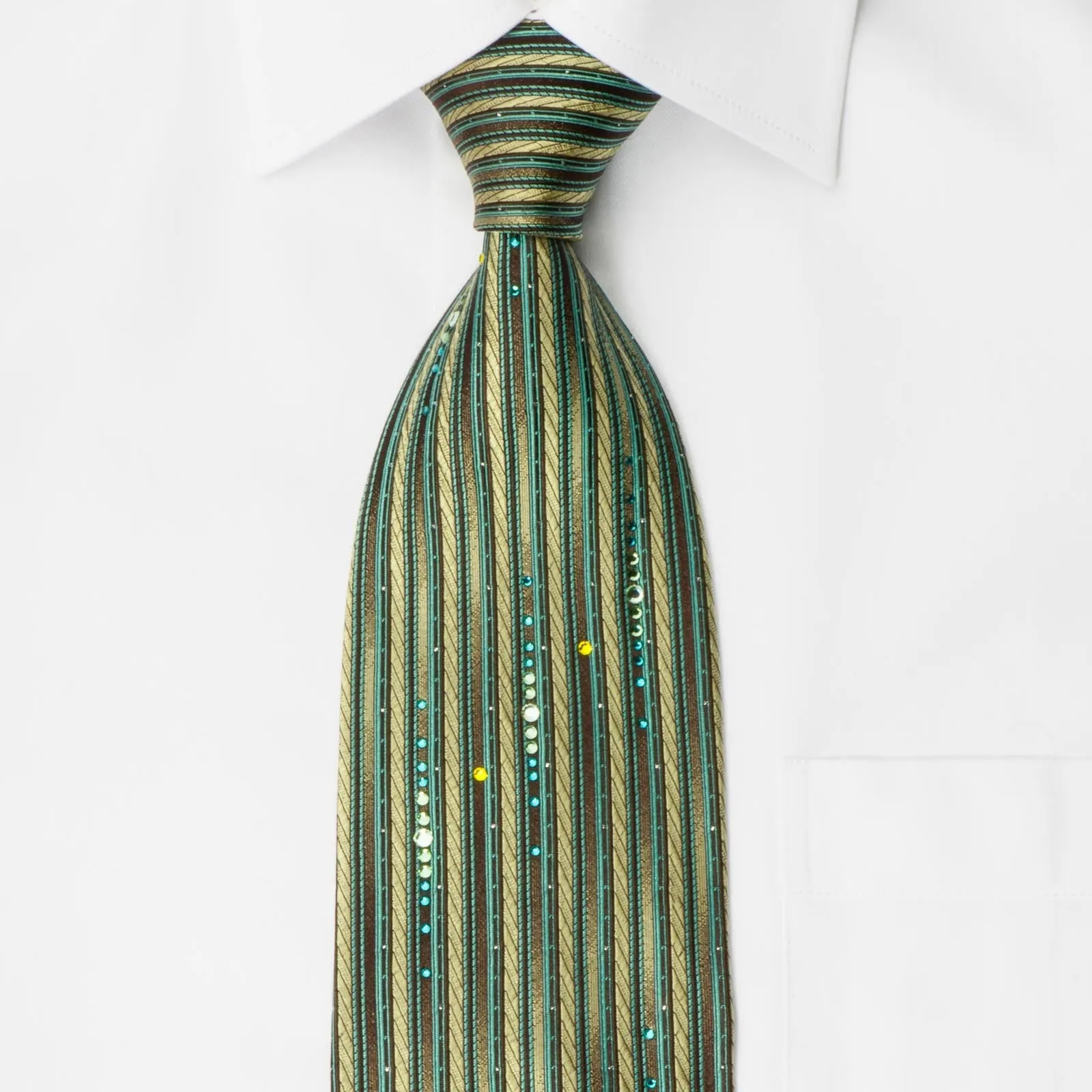 Pierre Cardin Rhinestone Silk Necktie Green Brown Vertical Stripes With Silver Sparkles