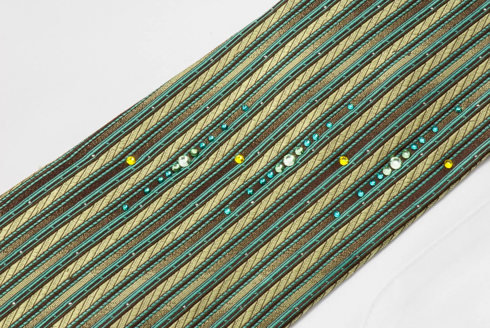 Pierre Cardin Rhinestone Silk Necktie Green Brown Vertical Stripes With Silver Sparkles