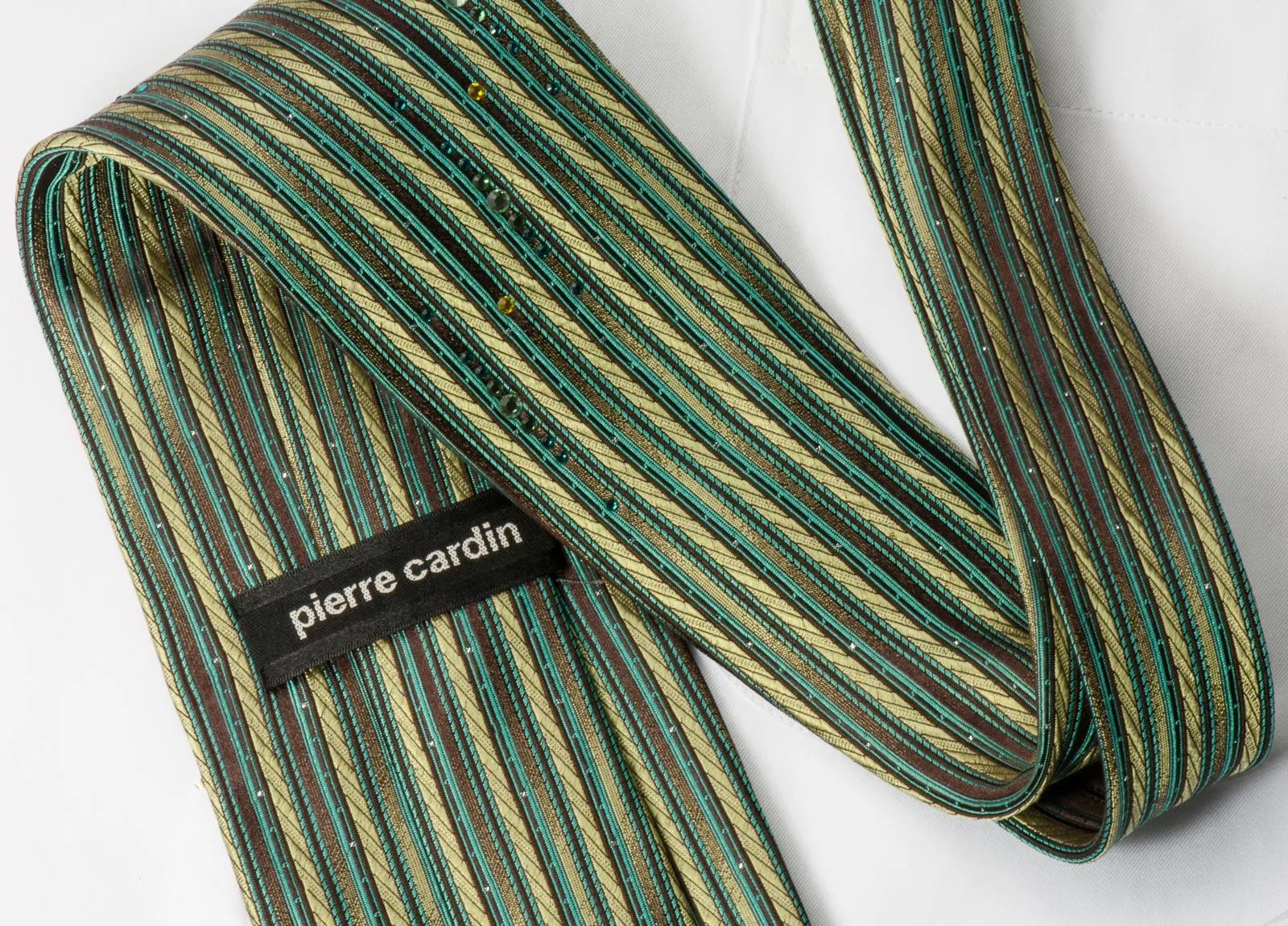 Pierre Cardin Rhinestone Silk Necktie Green Brown Vertical Stripes With Silver Sparkles