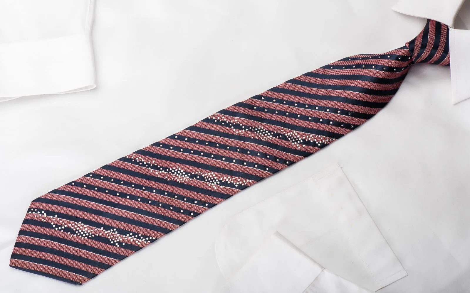 Pierre Cardin Rhinestone Woven Silk Necktie Red Blue Striped With Silver Sparkles