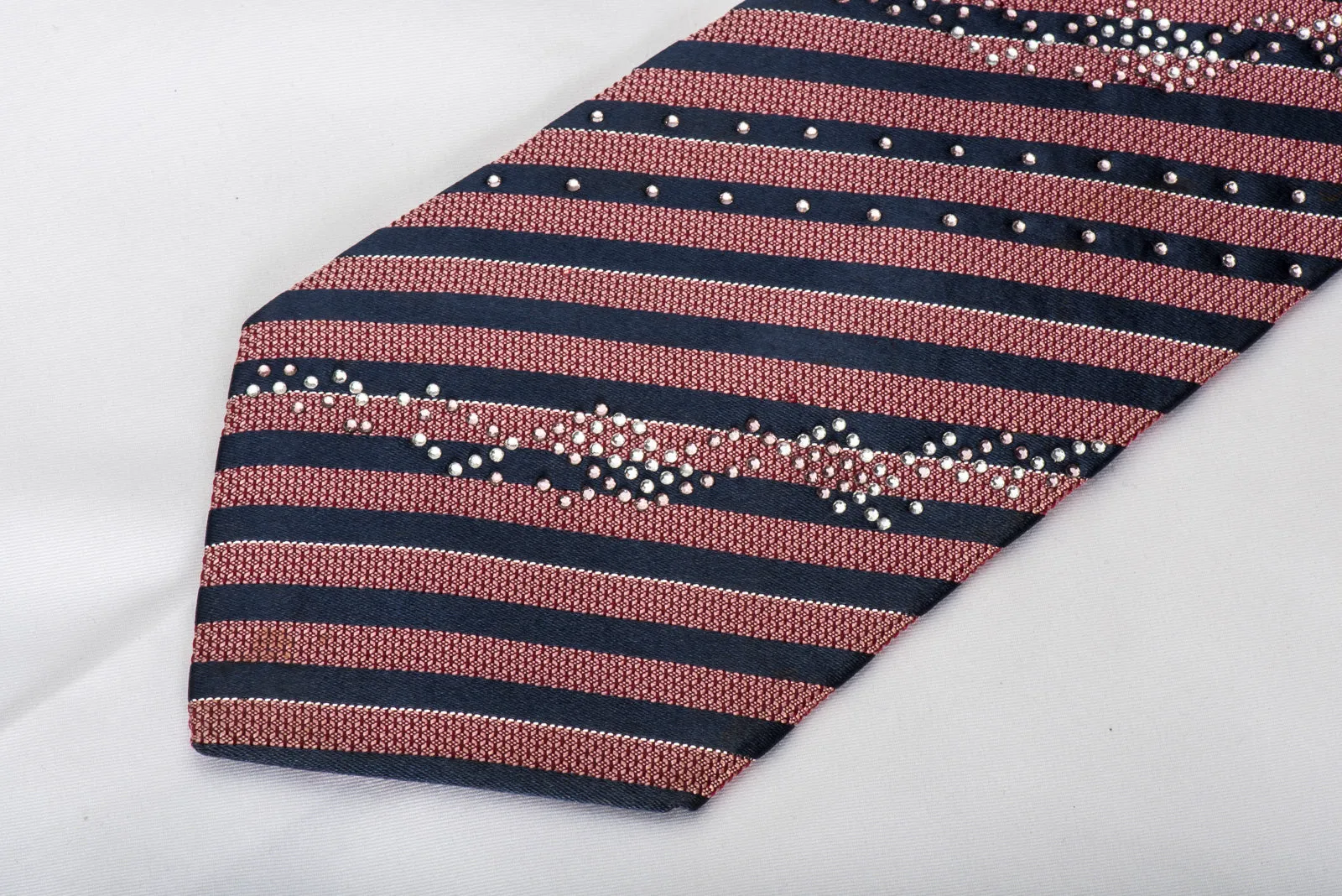 Pierre Cardin Rhinestone Woven Silk Necktie Red Blue Striped With Silver Sparkles