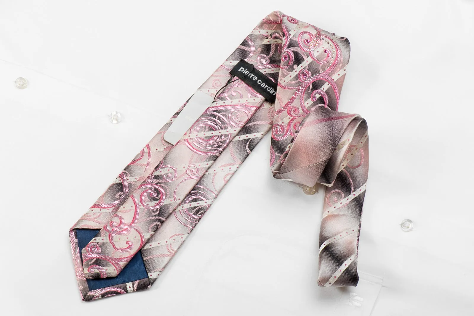 Pink Scrolls Striped On Pink Silver Men's Crystal Silk Necktie With Sparkles