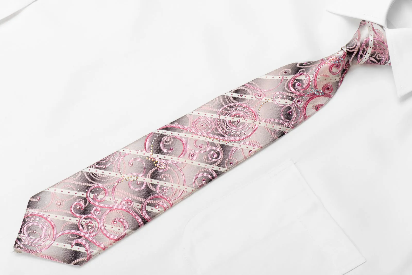 Pink Scrolls Striped On Pink Silver Men's Crystal Silk Necktie With Sparkles