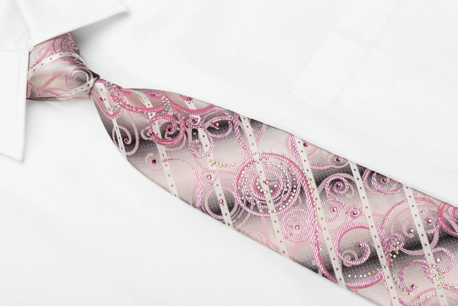 Pink Scrolls Striped On Pink Silver Men's Crystal Silk Necktie With Sparkles