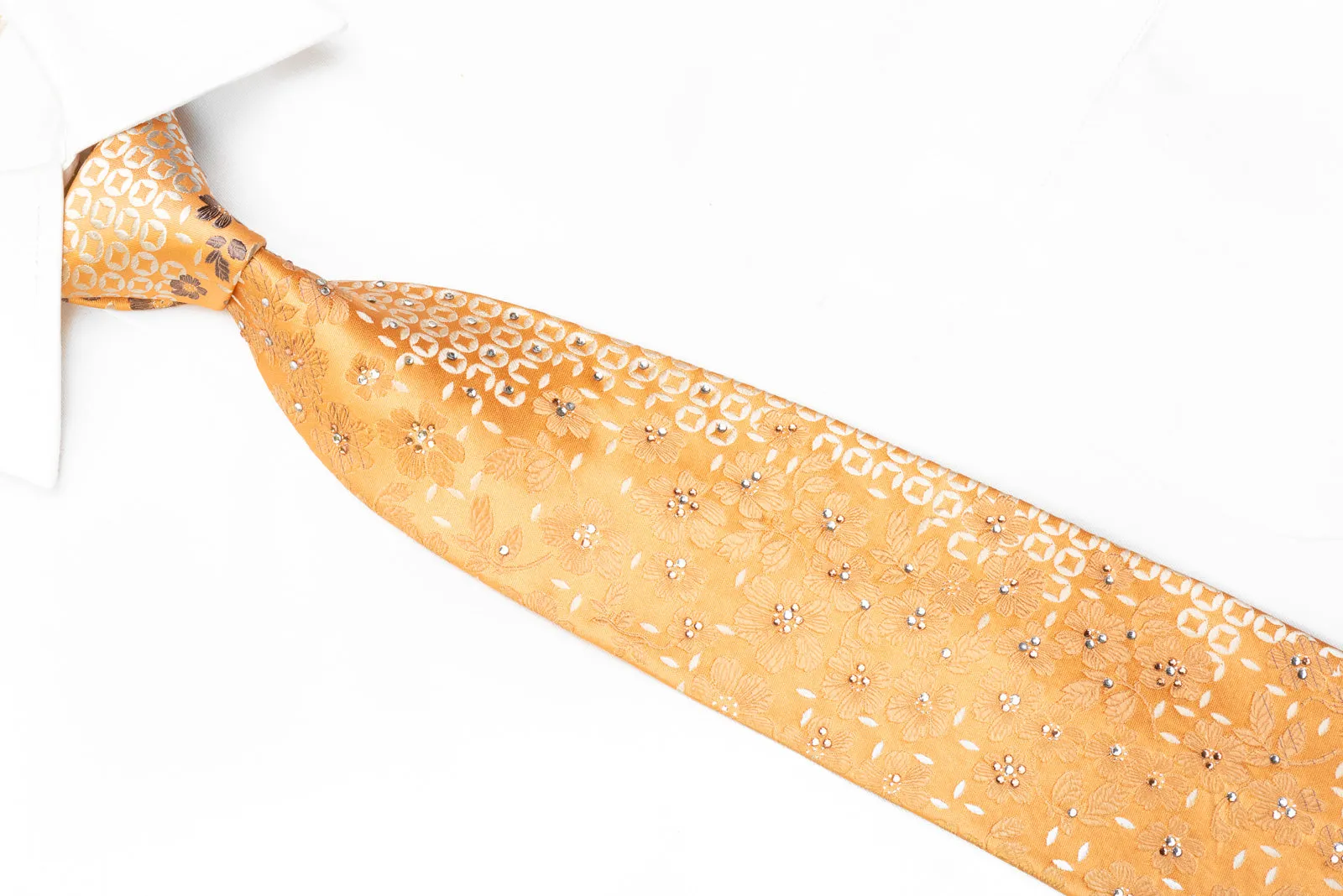 Remizio Men's Rhinestone Tie Floral On Peach Orange With Silver Sparkles