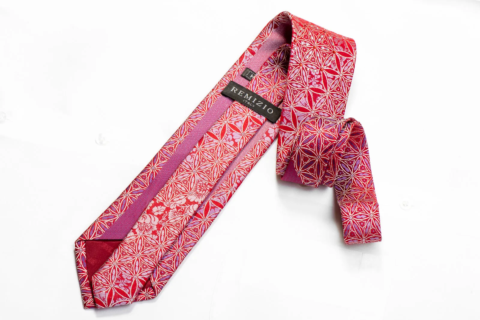 Remizio Rhinestone Silk Necktie Geometric Floral On Red With Sparkles