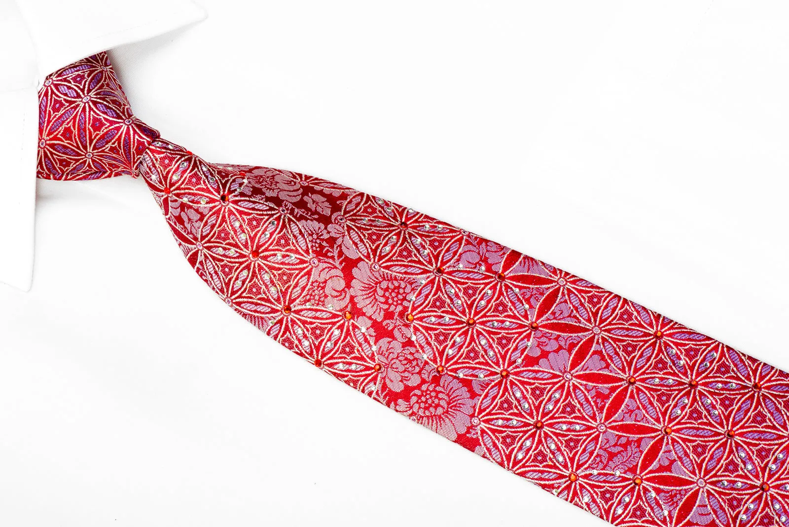 Remizio Rhinestone Silk Necktie Geometric Floral On Red With Sparkles