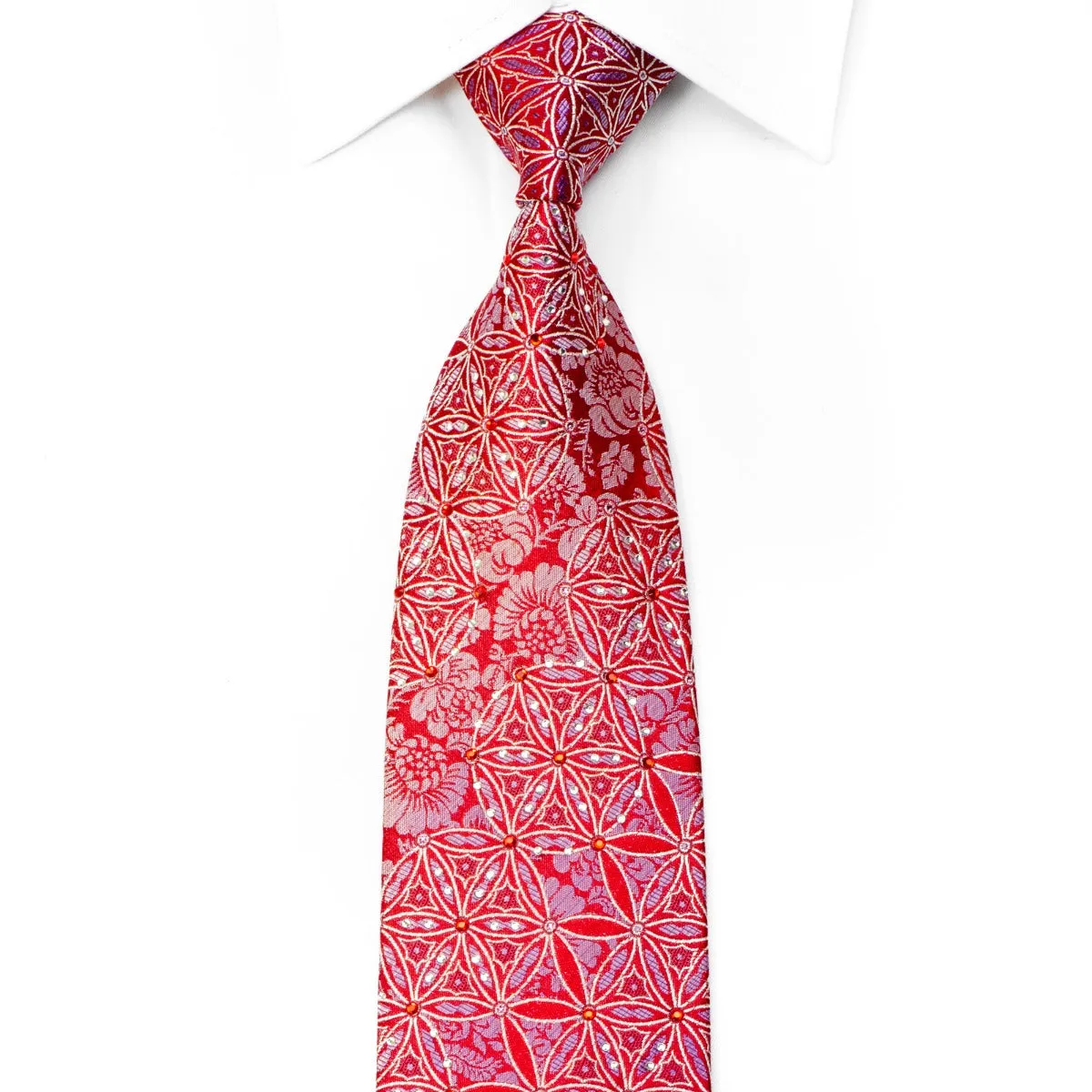 Remizio Rhinestone Silk Necktie Geometric Floral On Red With Sparkles