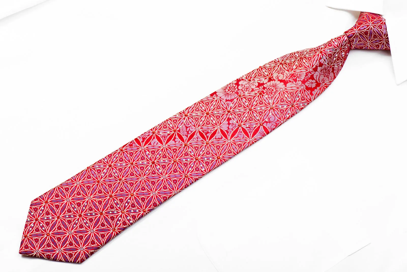 Remizio Rhinestone Silk Necktie Geometric Floral On Red With Sparkles