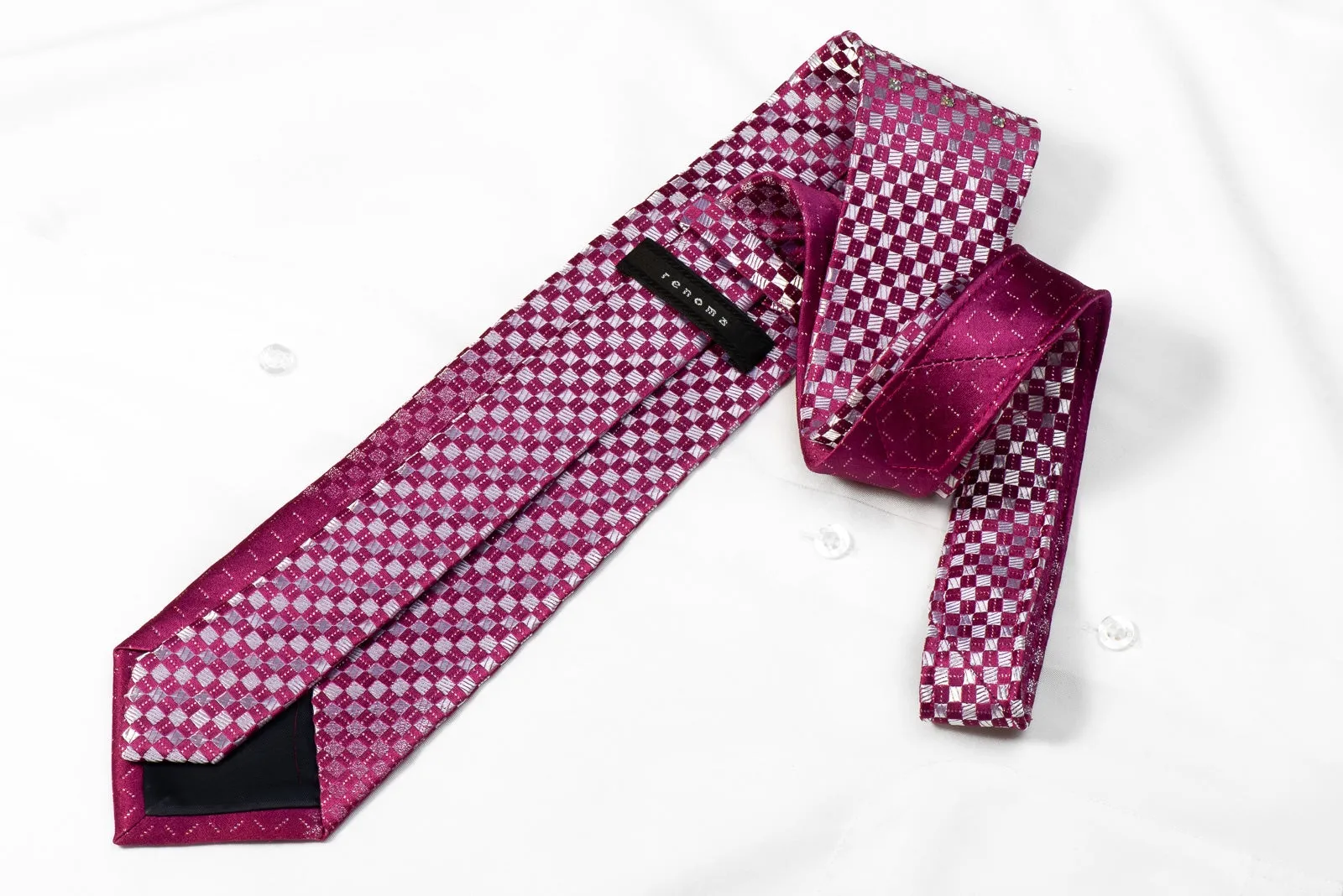 Renoma Men's Crystal Rhinestone Silk Neckties Silver Purple Checkered With Silver Sparkles