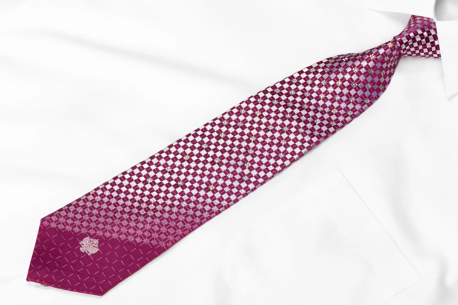 Renoma Men's Crystal Rhinestone Silk Neckties Silver Purple Checkered With Silver Sparkles