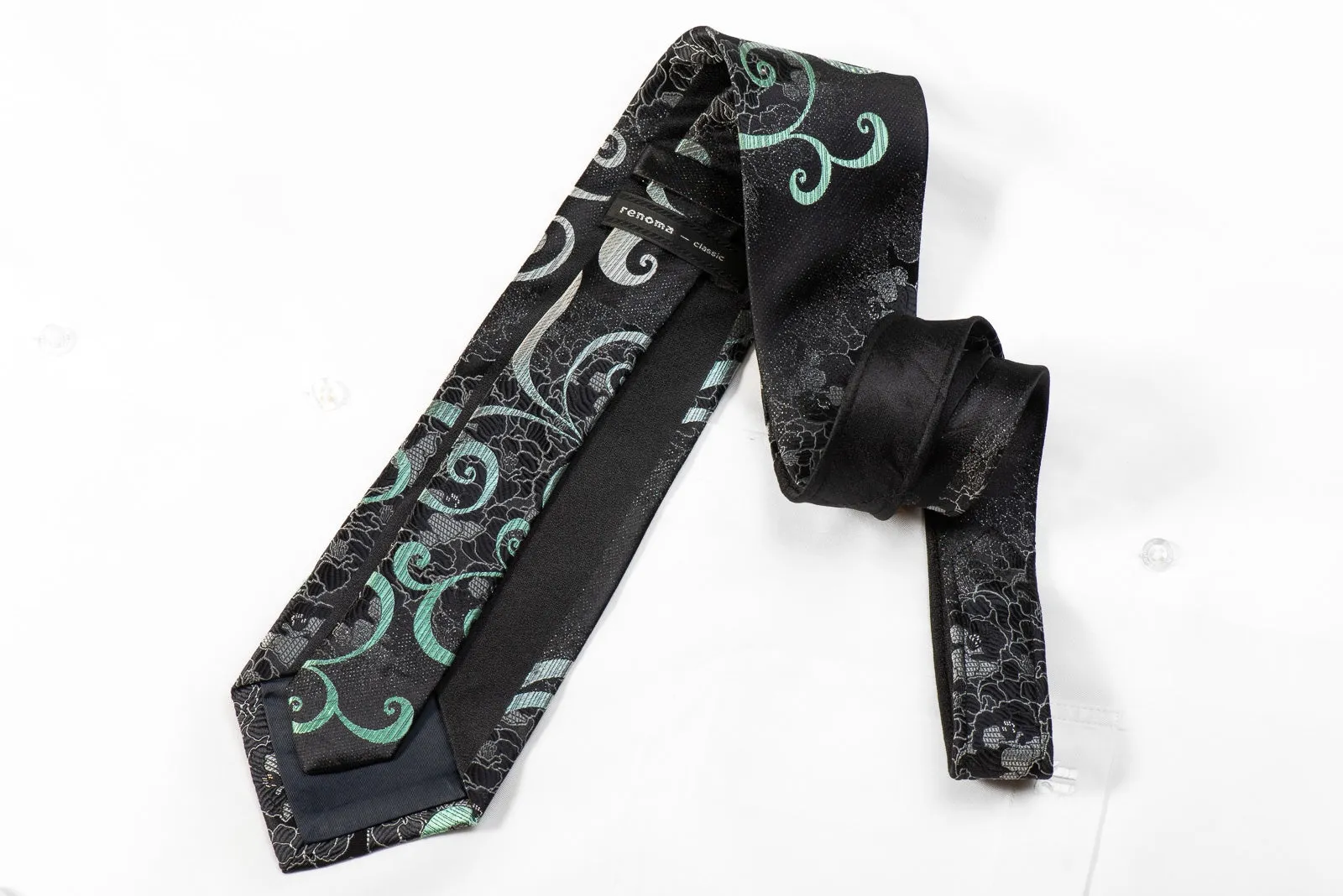 Renoma Men's Crystal Silk Necktie Silver Green Scrolls On Black With Silver Sparkles