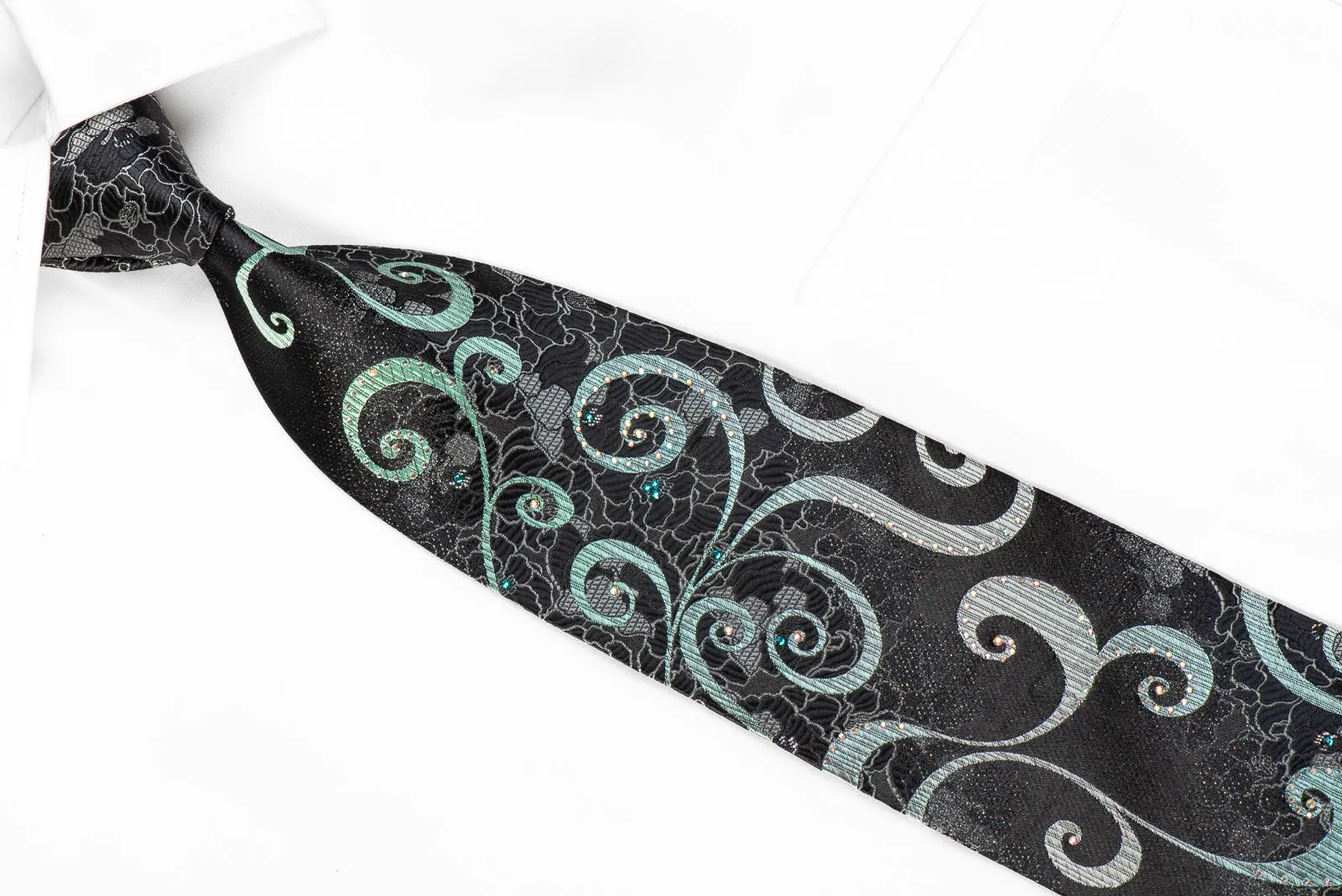 Renoma Men's Crystal Silk Necktie Silver Green Scrolls On Black With Silver Sparkles