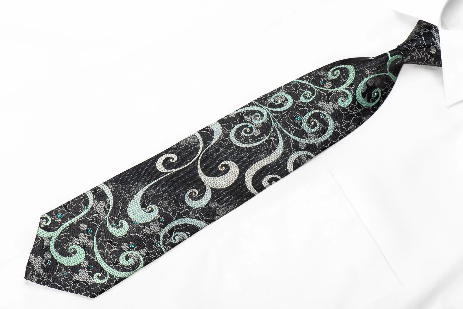 Renoma Men's Crystal Silk Necktie Silver Green Scrolls On Black With Silver Sparkles