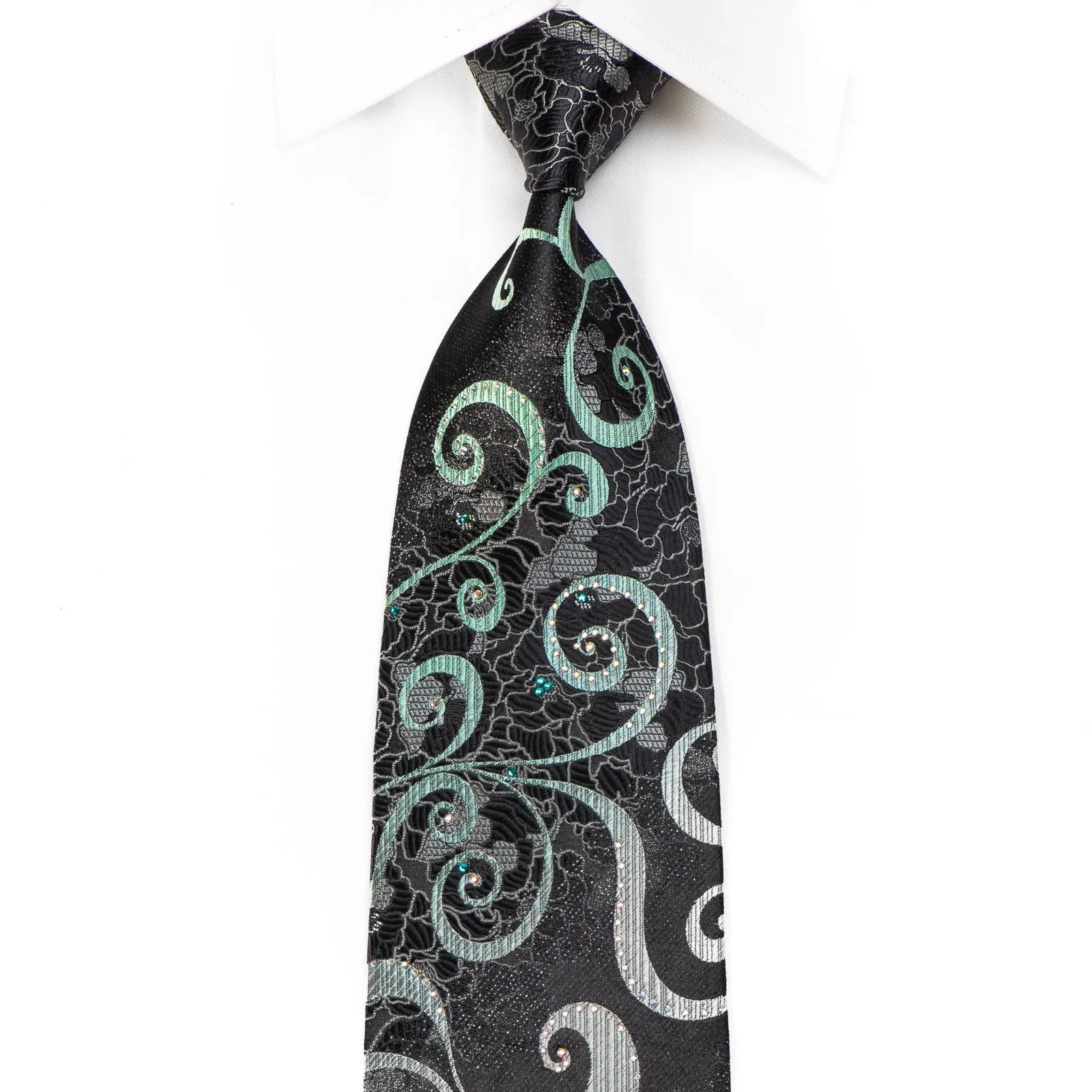 Renoma Men's Crystal Silk Necktie Silver Green Scrolls On Black With Silver Sparkles