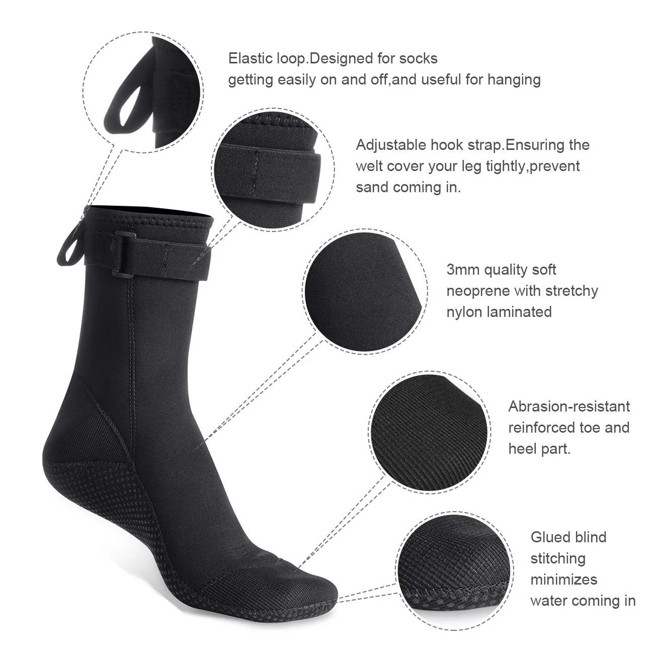 Water Socks Neoprene Socks Beach Booties Shoes 3mm Glued Blind Stitched Anti-Slip Wetsuit Boots Fin Swim Socks for Water Sports Outdoor Activities (3mm high Cut/black2, Small)